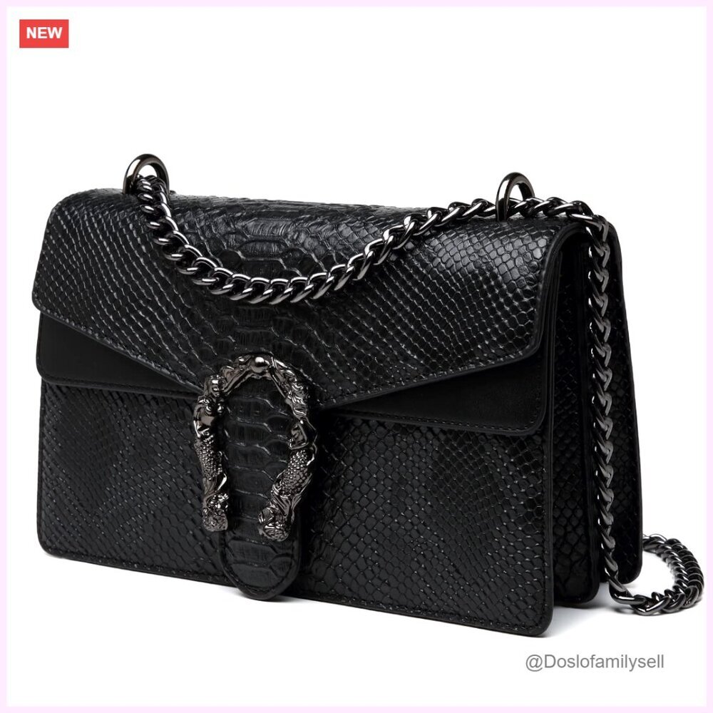 Snake Print Leather Crossbody Clutch Evening Bag with Chain Strap